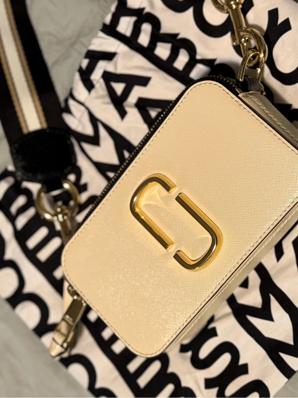 Marc Jacobs The Snapshot Small Camera Bag Cream/Gold Striped Strap Crossbody